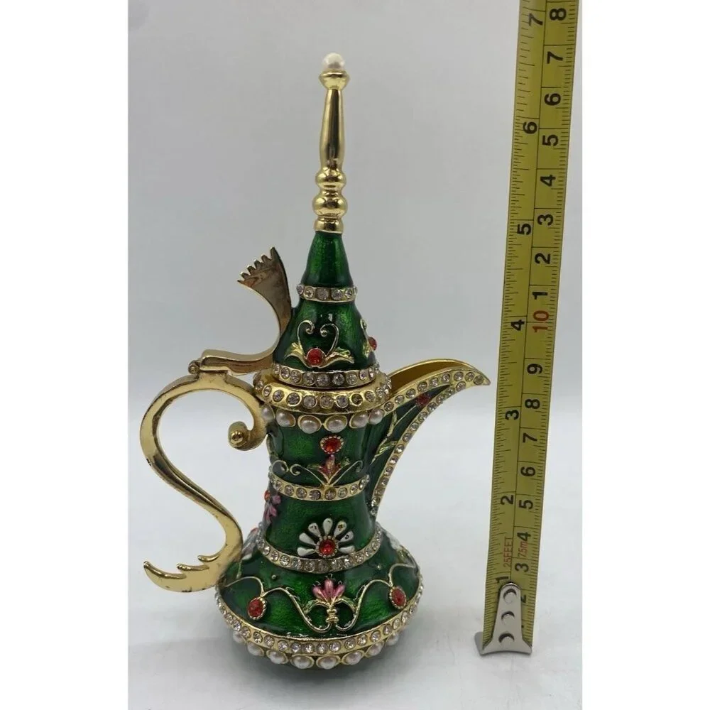 Signed Qifu Green Enamel Jeweled Arabian Nights Trinket  Stash Ring Vanity Box